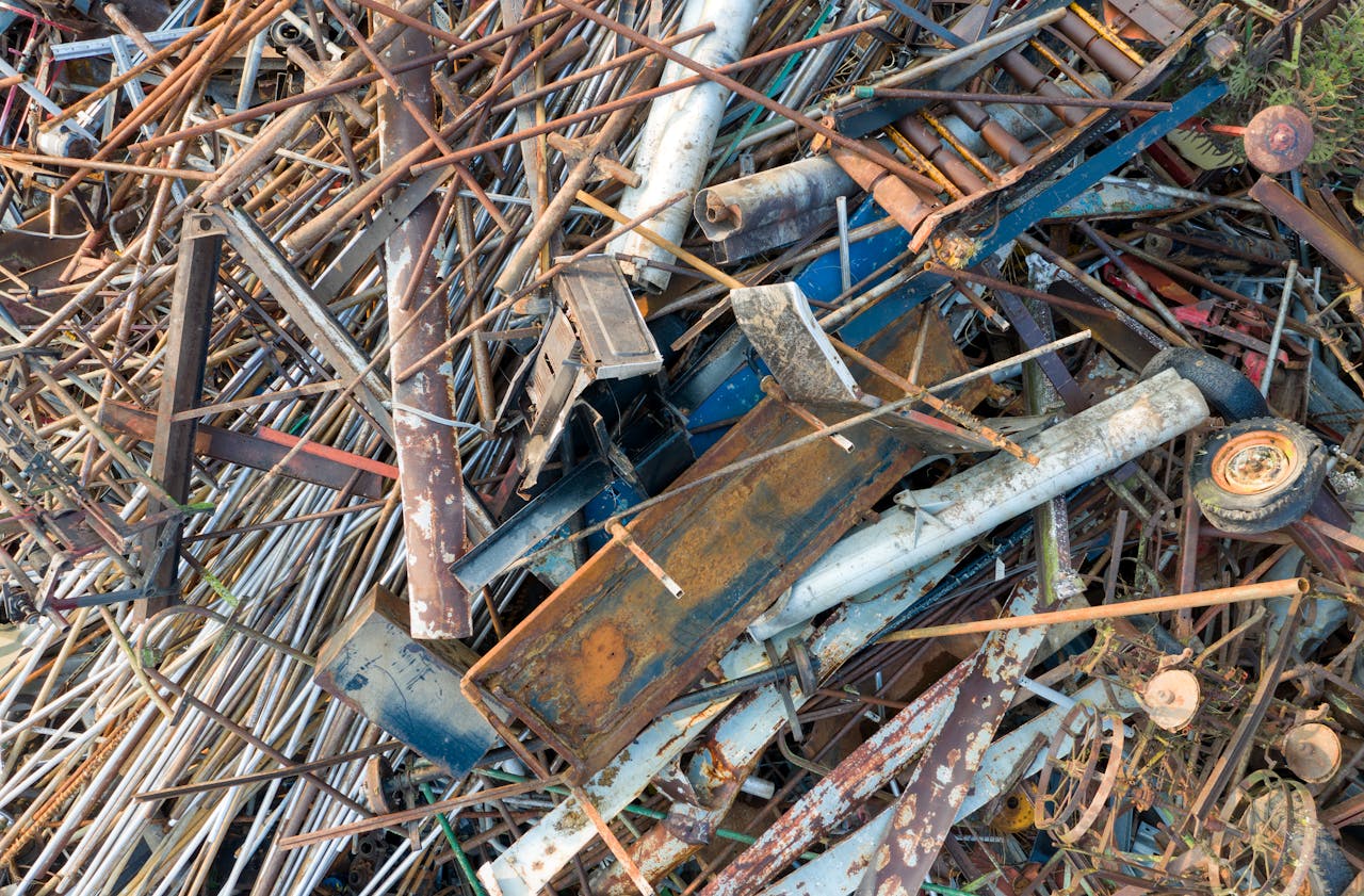 Metal scrap yard with sorted ferrous and non-ferrous metals